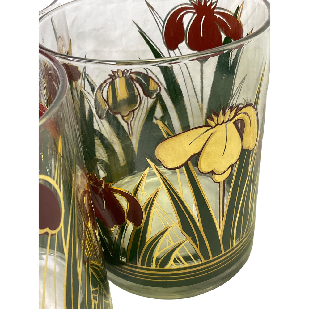 4 Culver Japanese Red and Gold Iris Cinnabar 22 K Gold Lowball Cocktail Glasses